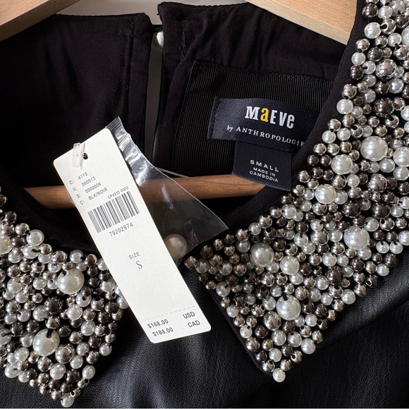 Anthropologie || Faux Leather Puff-Sleeve Blouse Pearls Black Small NWT - Picture 8 of 9